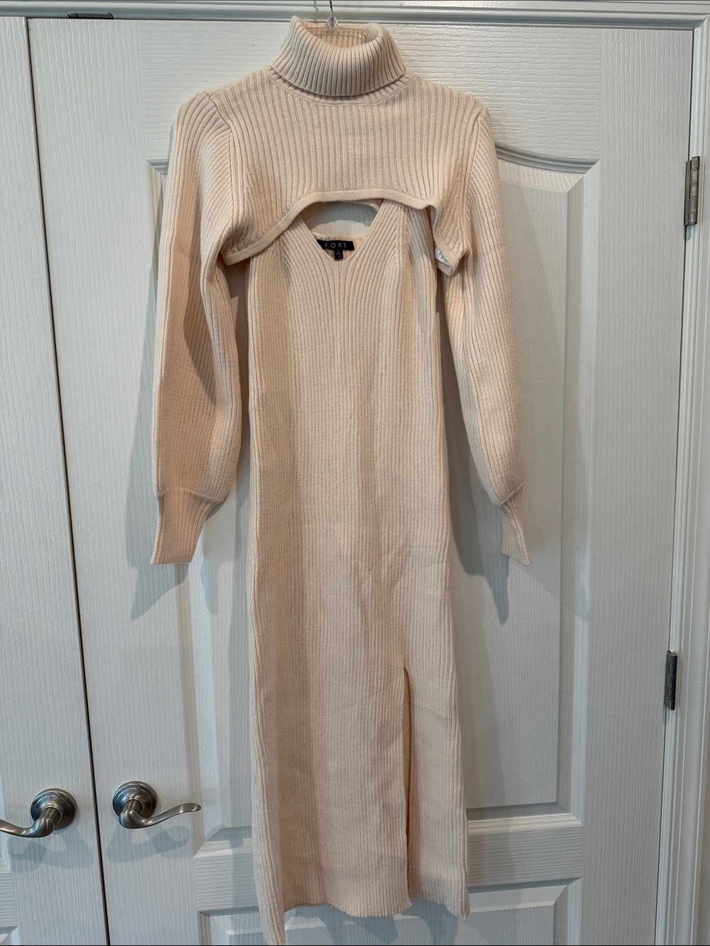 Ribbed Turtleneck Cutout Maxi Dress Set  — Cream